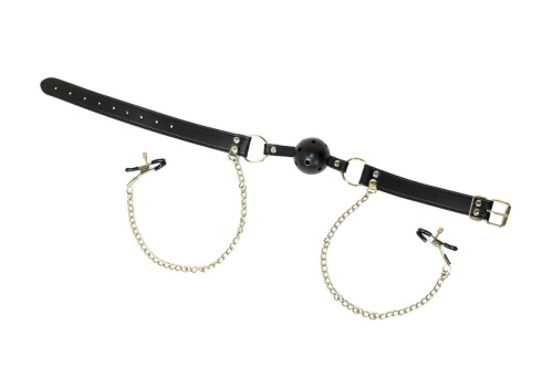 Черный кляп-шар Gratitude с зажимами для сосков фото 3