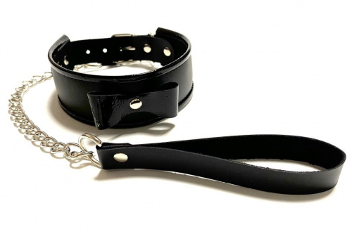 Черный ошейник с поводком из эко-кожи Черный ошейник с поводком из эко-кожи