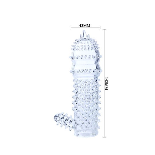 Прозрачная насадка на пенис с шипами и стимулятором клитора - 14,2 см. фото 4