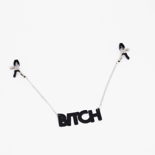 Зажимы на соски с кожаной подвеской Bitch фото 2