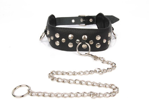 Черный ошейник с заклепками с металлическим поводком-цепочкой Черный ошейник с заклепками с металлическим поводком-цепочкой