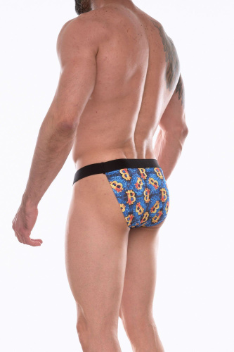 Синие мужские трусы-танга с разноцветным принтом фото 2
