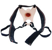 Телесный полый страпон на ремешках - 16,5 см.