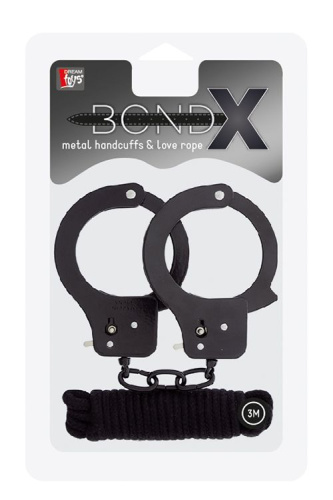 Чёрные наручники из листового металла в комплекте с веревкой BONDX METAL CUFFS&LOVE ROPE SET фото 2