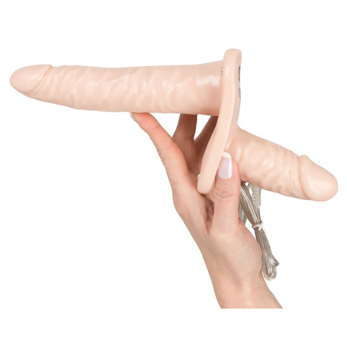 Телесный женский страпон с вагинальной пробкой Strap-On Duo - 15 см. фото 7