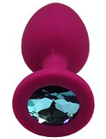 Малиновая анальная пробка с голубым кристаллом - 7,4 см.
