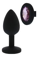 Черная гладкая анальная пробка с розовым кристаллом Silicone Diamond Plug - 7 см.