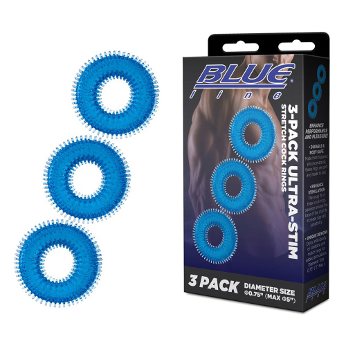 Комплект из трех голубых колец для эрекции 3-Pack Ultra-Stim Stretch Cock Rings фото 2