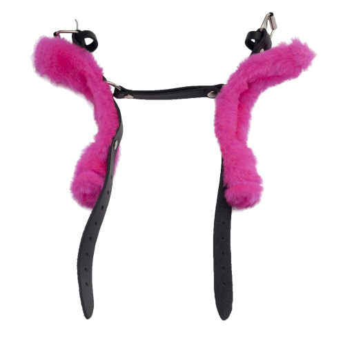 Черные базовые наручники из кожи с розовой опушкой фото 4