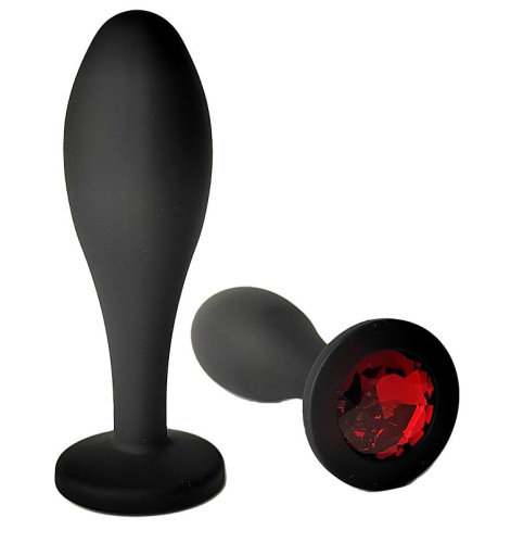 Черная анальная пробка с красным кристаллом - 9,5 см.