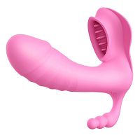 Розовый вибромассажер с клиторальным стимулятором SEX MASSAGER и пультом ДУ