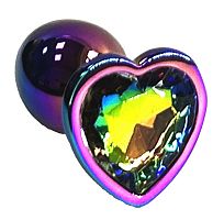 Анальная пробка цвета неохром с радужным кристаллом в форме сердца - 7 см.
