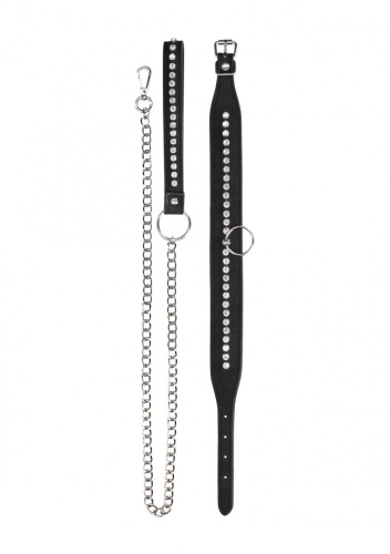 Черный ошейник с поводком Diamond Studded Collar With Leash фото 3