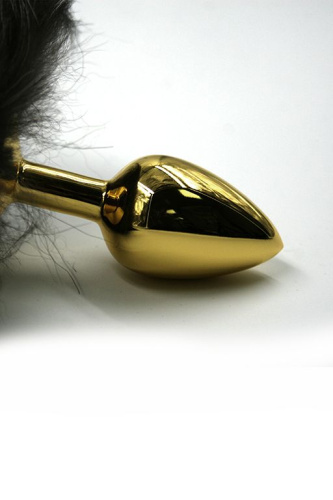 Золотистая алюминиевая анальная пробка с чёрным хвостом из натурального меха фото 2