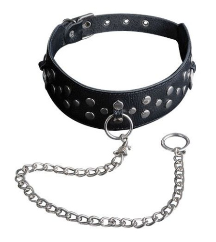 Чёрный кожаный ошейник с карабином и поводком Чёрный кожаный ошейник с карабином и поводком