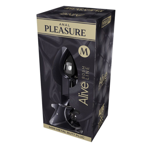 Серебристая анальная втулка с черным кристаллом Mini Metal Butt Plug Size M - 8 см. фото 2